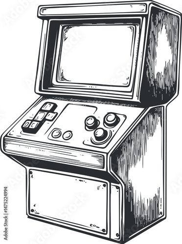 Black and white sketch of a vintage arcade game machine with joystick and buttons on screen