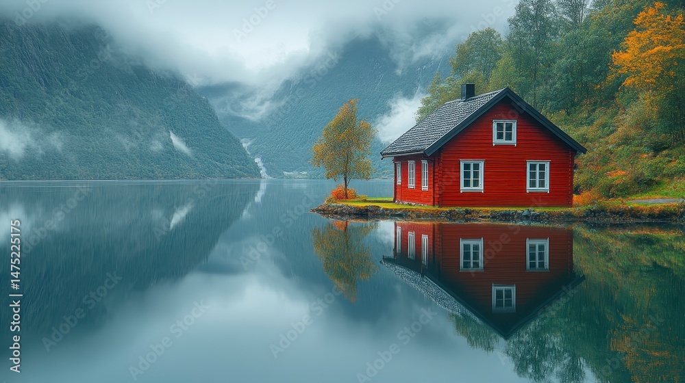 Fototapeta premium Idyllic waterside cabin reflecting