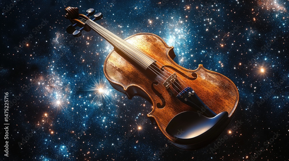 Fototapeta premium Violin floating in a starry night sky.