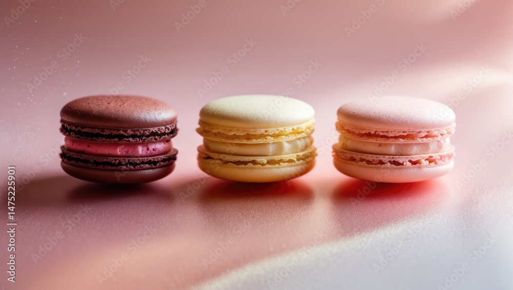 Fototapeta premium Three soft-colored macaroons on a pink background, lively cookie pattern. Horizontal banner with room for text.