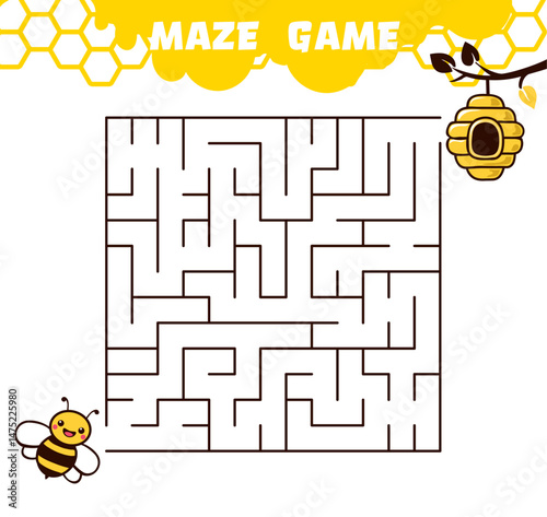 Square maze game with a playful bee theme, a hanging beehive, simple for pre-school young players