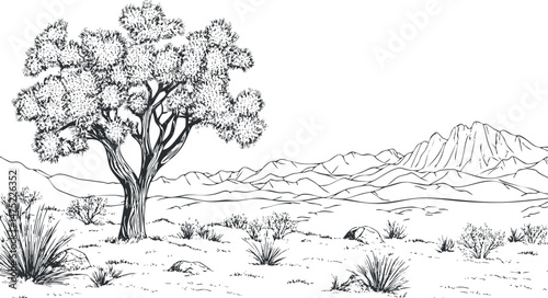 Black and white sketch of a desert landscape with a lone tree, bushes, rocks, and distant mountains.
