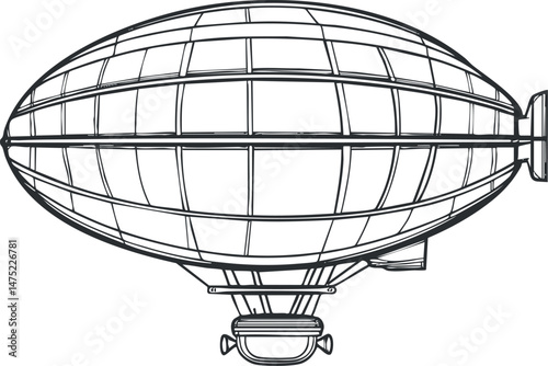 Black and white line drawing of a vintage airship or blimp with gondola and tail fins