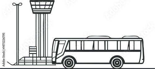 Side view of an airport bus parked near a terminal building for passenger transport.