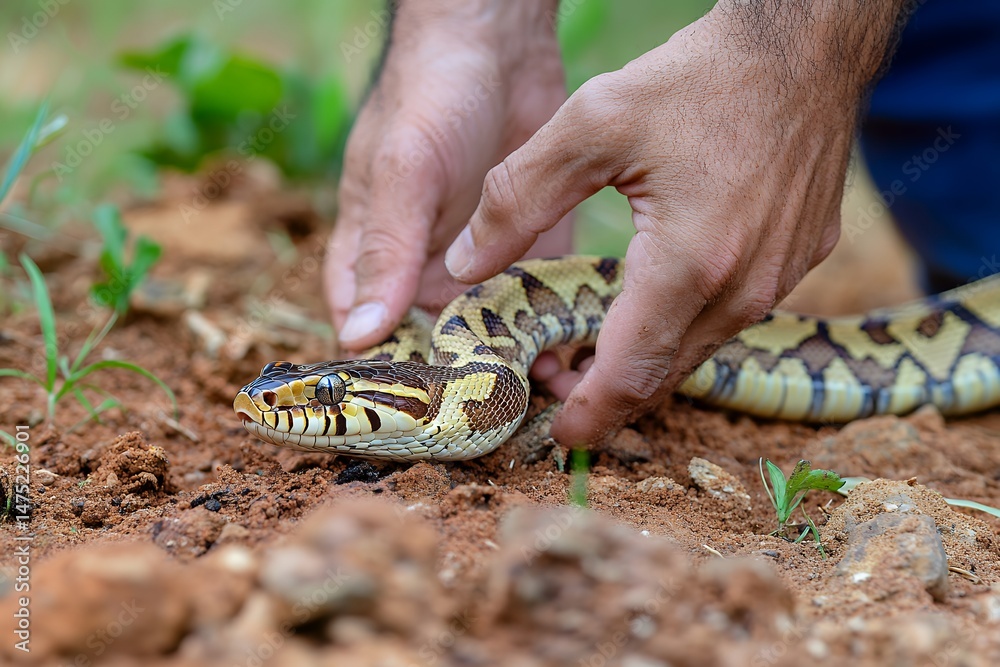 Fototapeta premium Close-up of a python being gently handled on natural ground