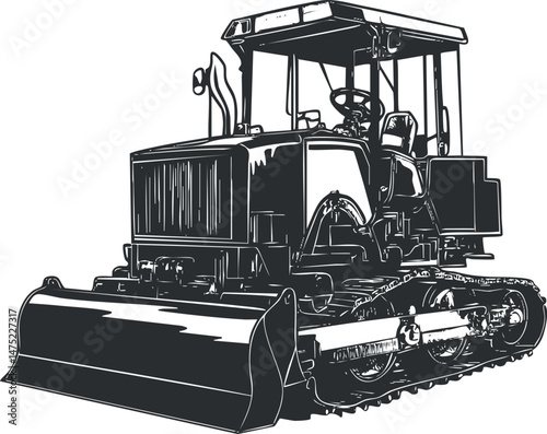 Black and white illustration of a heavy bulldozer construction machine with tracks and large front blade.