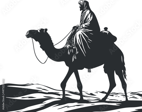 Silhouette of a person riding a camel through desert sand dunes representing travel and adventure.