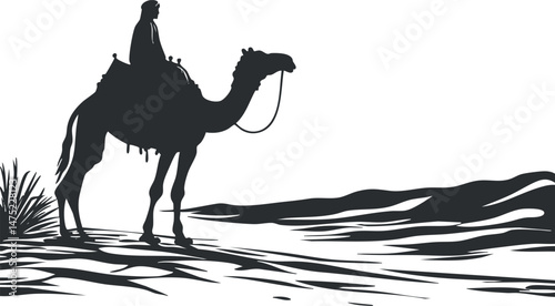 Silhouette of a person riding a camel in a desert landscape with sand dunes and sparse vegetation