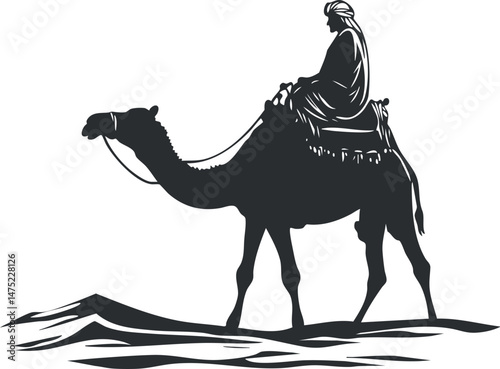 Silhouette of a person riding a camel in a desert landscape with sand dunes and clear background