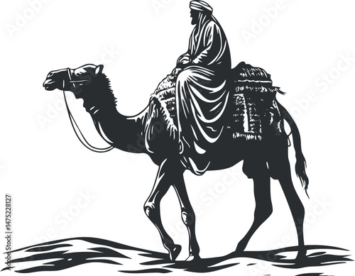 Silhouette of a person riding a camel in a desert environment with traditional clothing and saddle