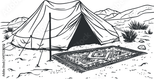 Black and white illustration of a tent pitched in a desert landscape with a patterned rug outside and mountains in the background