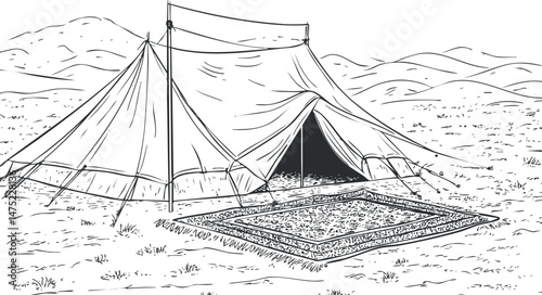 Black and white sketch of a camping tent pitched on dry ground with a decorative rug outside in a desert landscape