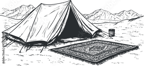 Black and white sketch of a camping tent set up in a mountainous desert area with a decorative rug in front