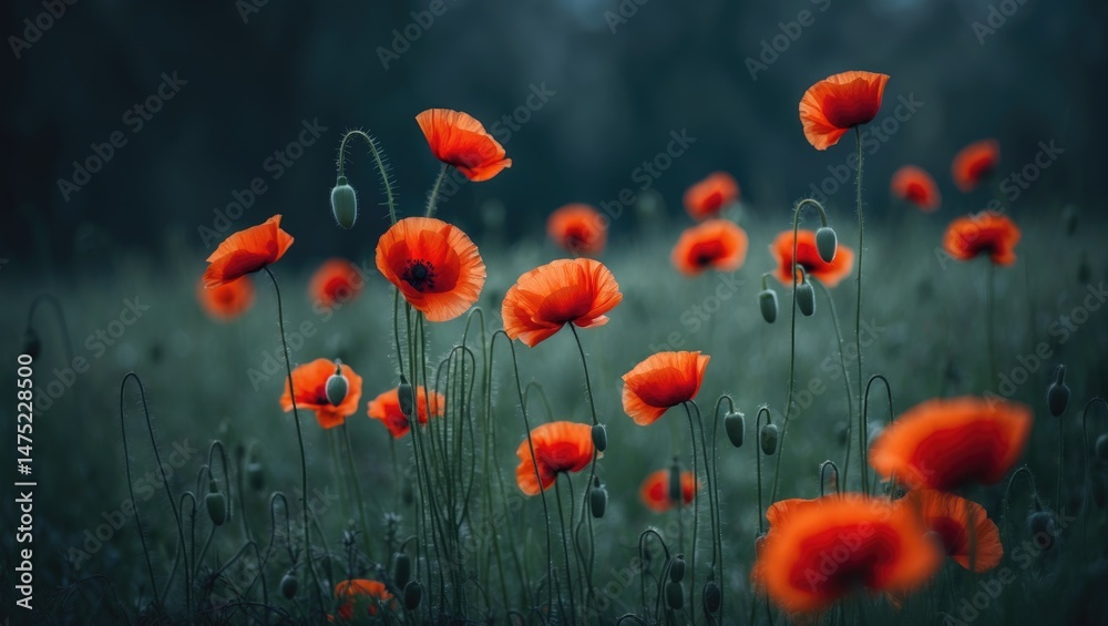 Obraz premium Beautiful Red Poppies and Green Grass in a Countryside Landscape with Wildflowers and Natural Environment