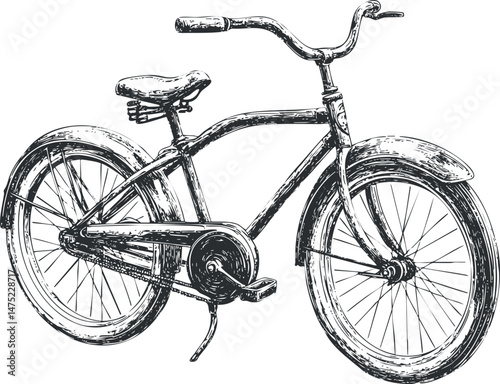 Black and white vintage bicycle illustration showing detailed frame handlebars wheels and pedals