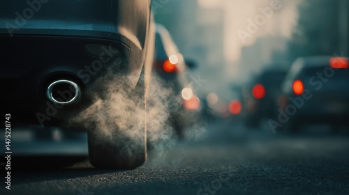 A stunning image of closeup car exhaust pipe with visible CO2 smoke billowing out. Carbon emissions and global warming. Environmental problem with diesel and fossil fuels burning.