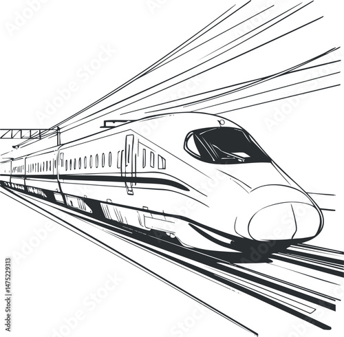 Black and white sketch of a modern high speed train on railway tracks, illustrating fast transportation.