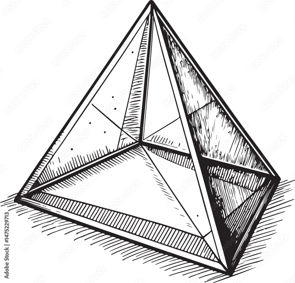 Prism, Physics and Science, Black and White Vector Illustration, Sketch Drawing Line Linear Symbol Icon Engraving, Hand-drawn Isolated