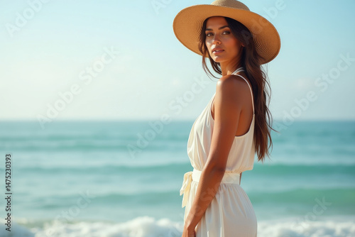 Wallpaper Mural Portrait of stylish woman with straw hat standing at beach. Young woman on vacation enjoy sea breeze wearing straw hat and looking at camera. AI Torontodigital.ca