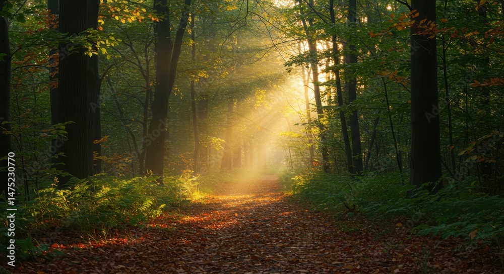 Fototapeta premium Sunlight through trees in a forest path covered with leaves for backgrounds, nature photography, and scenic views