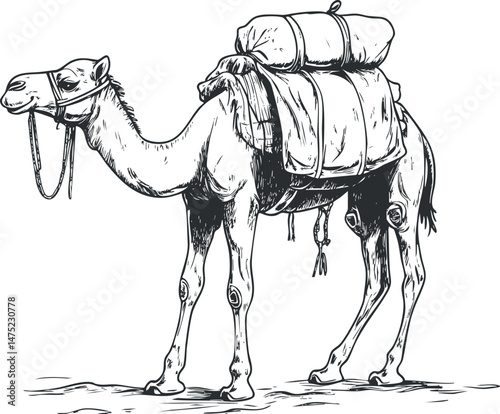 Hand-drawn illustration of a camel with saddlebags and packs, used for desert travel and transport.