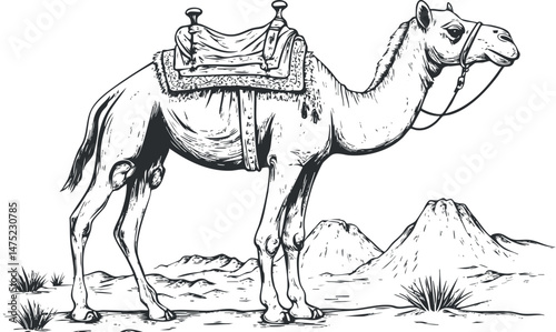 Black and white illustration of a camel with saddle standing in desert landscape with mountains in background