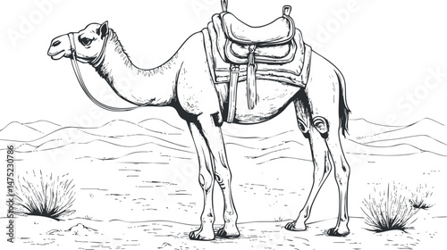 Black and white line drawing of a camel with saddle standing in desert landscape with bushes and mountains