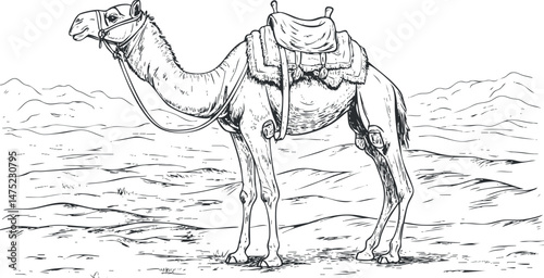 Black and white sketch of a camel with a saddle standing in a desert landscape with mountains in the background