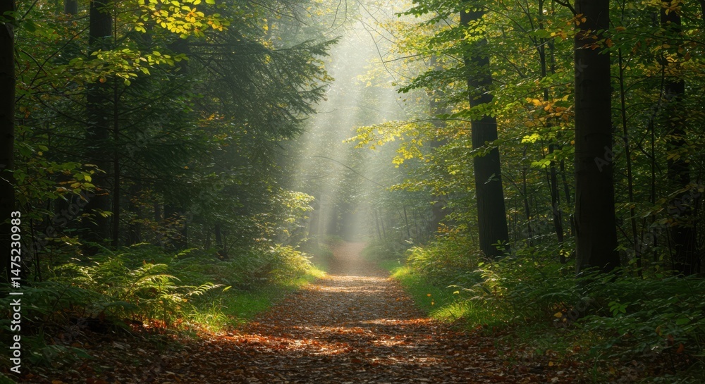 Naklejka premium Sun rays through trees on forest path, for backgrounds, nature scenes and travel ads.