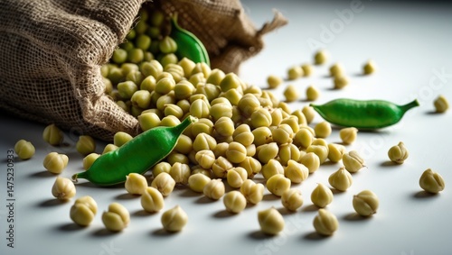 Organic green chickpeas isolated with a textured background