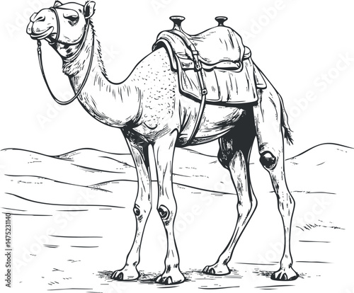 Black and white line art illustration of a camel with a saddle standing in a desert landscape