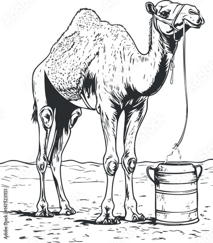 Black and white illustration of a camel standing in desert landscape next to a water container.