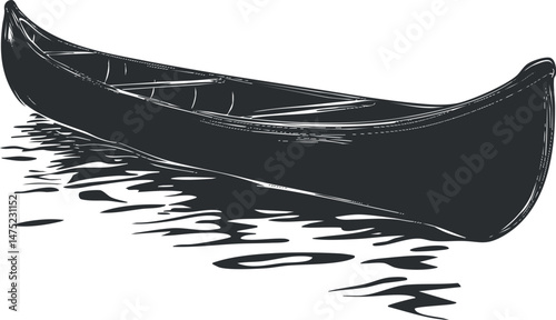 Black canoe floating on water with clear reflections, ideal for outdoor adventure and travel activities
