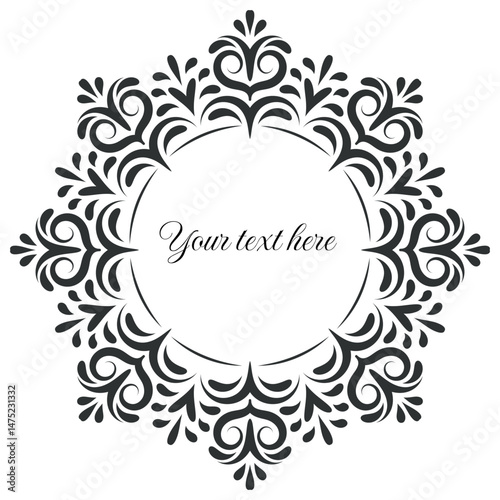 Ornate round frame with place for text. A decorative editable frame in royal style, with place for text, photographs, artwork. Classic traditional frame with scrolls, swirls