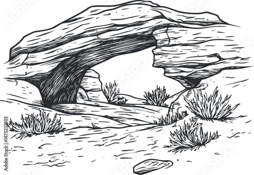 Black and white sketch of a natural rock arch formation in a dry desert landscape with scattered bushes.