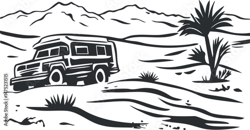 Black and white illustration of an offroad vehicle driving through a desert landscape with mountains and sparse vegetation.