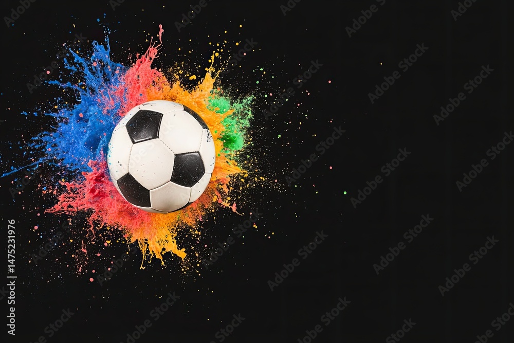 Naklejka premium Football Surrounded by Vibrant Color Burst on Dark Studio Backdrop