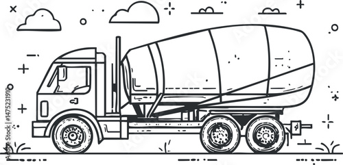 Black and white line drawing of a concrete mixer truck in side view for construction and industrial use.