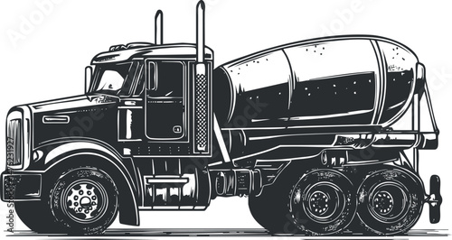 Black and white illustration of a concrete mixer truck used for construction and transportation of cement