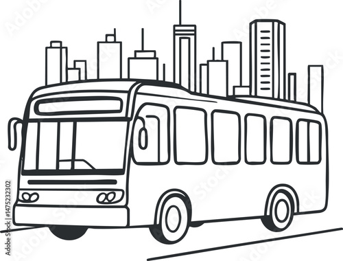 Black and white line art illustration of a bus in a city with tall buildings in the background