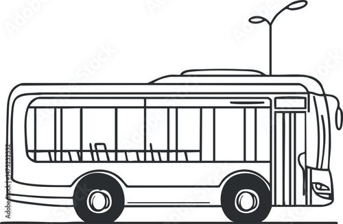 Black and white line drawing of a modern city bus viewed from the side showing windows and doors.