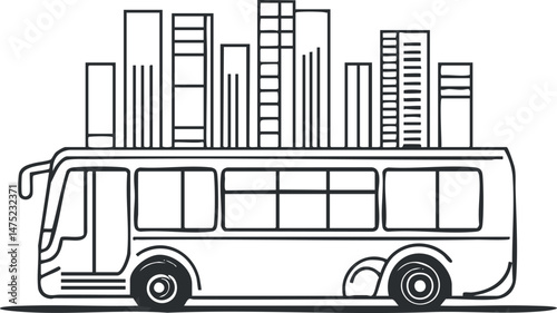 Black and white line art illustration of a city bus with tall buildings in the background representing urban transportation.