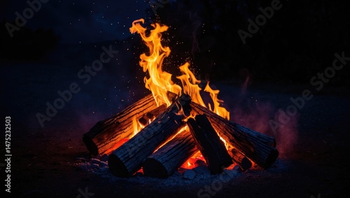 Nighttime campfire setting with vacant space to the left