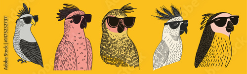 illustration set of cool summer parrots wearing sunglasses