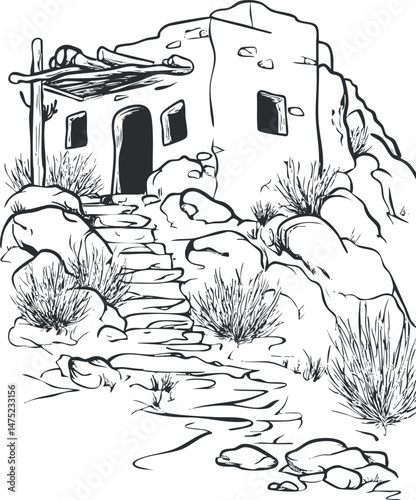 Black and white sketch of adobe house with stone stairs and desert shrubs in arid landscape