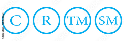 Set of trademark symbols including TM and R in a circle, representing intellectual property and brand protection.