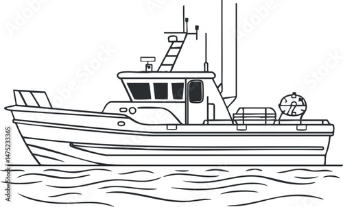 Black and white line drawing of a boat on water showing side view of a marine vessel in motion or docked