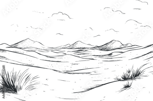 Black and white sketch of desert landscape with sand dunes, sparse grass, and distant mountains under cloudy sky