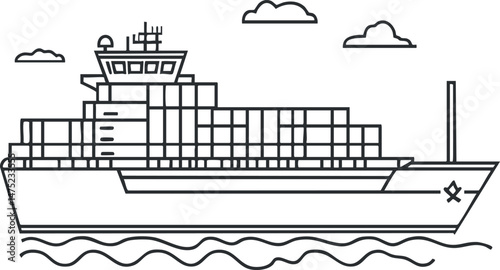 Line drawing of a cargo container ship carrying stacked containers on the sea with clouds in the background
