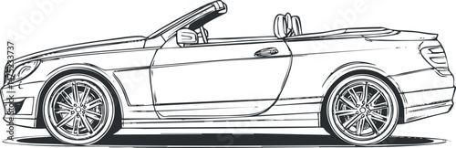 Side view sketch of a convertible car with its top down, showing detailed wheels and body design